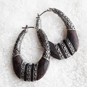 NWT! Unsigned Monet Marcasite & Dark Wood Earrings